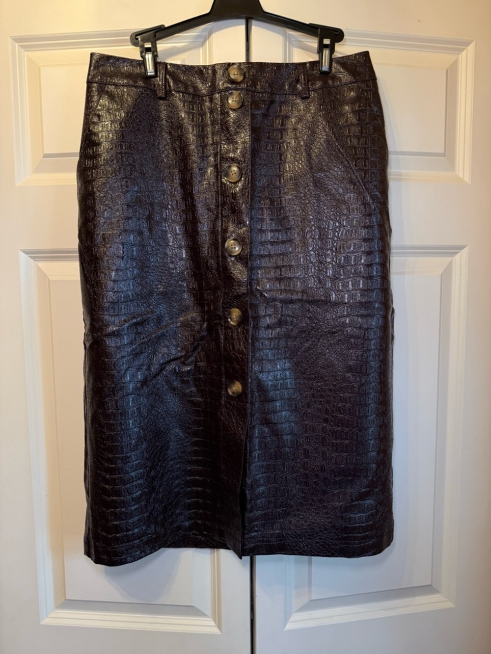 Rachel Comey Faux Croc Button-Front Midi Skirt — Dark Chocolate Brown /Deep Wine